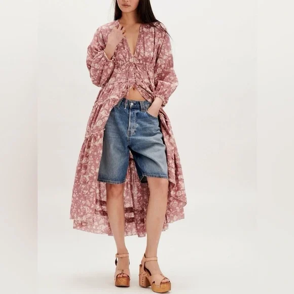 NWT Free People Pappiet Midi Dress XS Rose Combo Duster NWT Free People Pappiet Midi Dress XS Rose Combo Duster